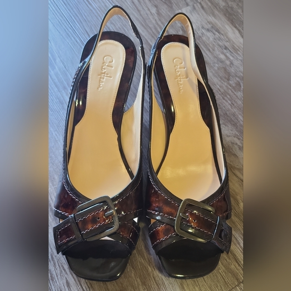 NEW COLE HAAN Slingbacks Shoes Marbled Brown Leather Peeptoe 2" Heels Size 9.5AA